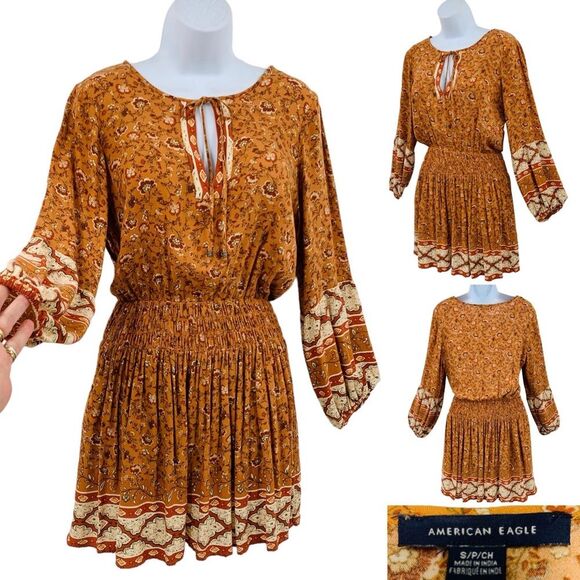 American Eagle Outfitters Peasant Smock Waist Boho Ditsy Floral Mini Dre… - Picture 1 of 13